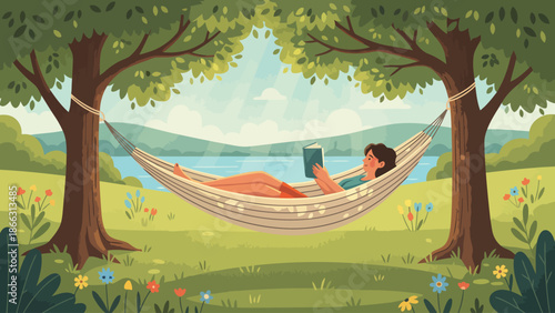 Person Relaxing in Hammock Between Trees Reading a Book.