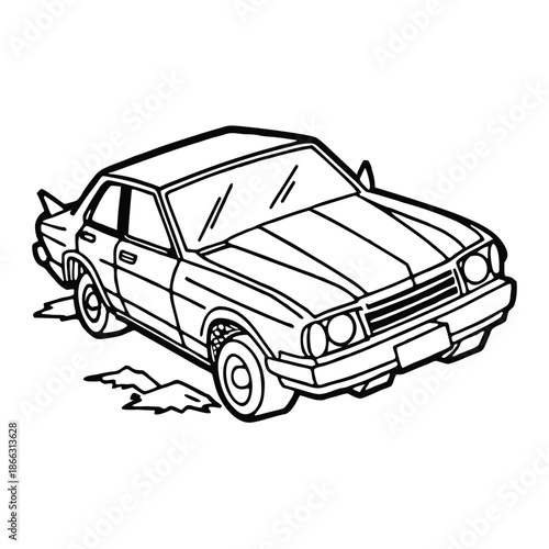 Silhouette of crashed car isolated on a white background