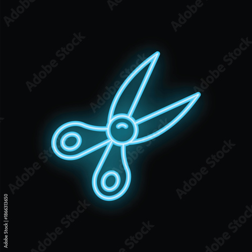 Blue neon scissors shining in the dark, representing craft, tailoring, or barber services