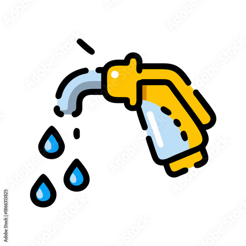 Yellow spray nozzle with water drops, garden watering