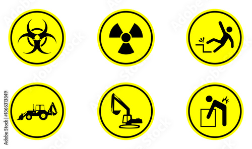 Set of hazard warning signs showing biohazard, radiation, electric shock, slippery floor, forklift caution, and trash disposal symbols. Suitable for safety signage, industrial alerts, and warning syst