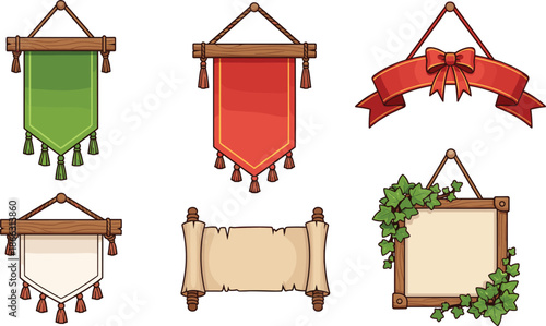 Medieval hanging banners and scroll frames vector set with wooden holders decorative fantasy design isolated on white