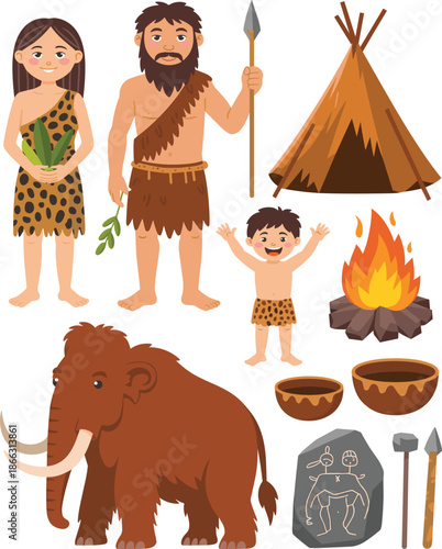 Vector Illustration Set of Prehistoric Caveman Family Mammoth Campfire and Stone Age Tools for Ancient History Concept Design