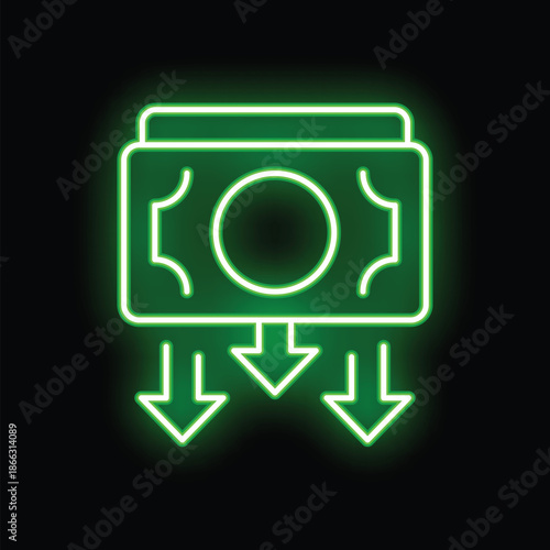 Green neon icon of a stack of cash with three arrows pointing down representing sending or receiving money
