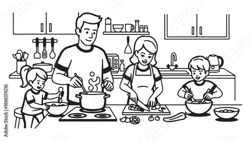 Clean Vector Line Art Illustration of Family Cooking in Modern Kitchen