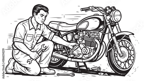 Vintage Style Black White Man Servicing Classic Motorcycle Line Art