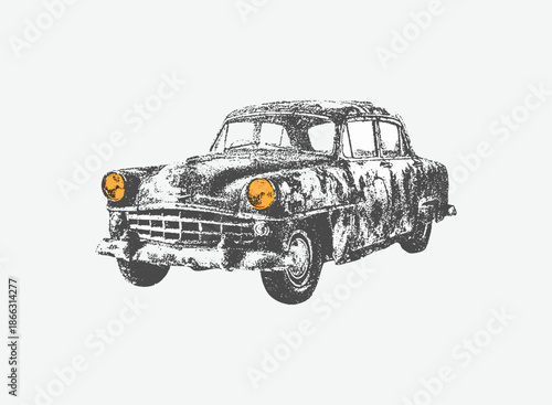 Close-up of turquoise vintage car body with peeling paint and rust texture, Large Grain Photocopy Effect