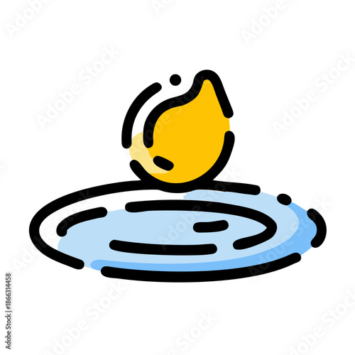 Yellow drop falling into blue water puddle icon