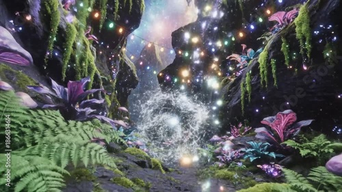 Enchanted forest pathway illuminated by colorful lights and magical flora, inviting exploration