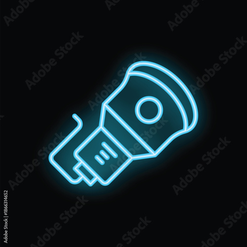Blue neon sign camera flash photography icon glowing on black background