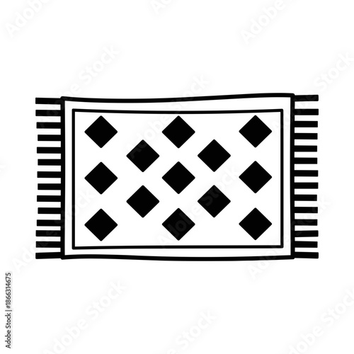 Rug icon with geometric pattern. Black and white vector doodle.