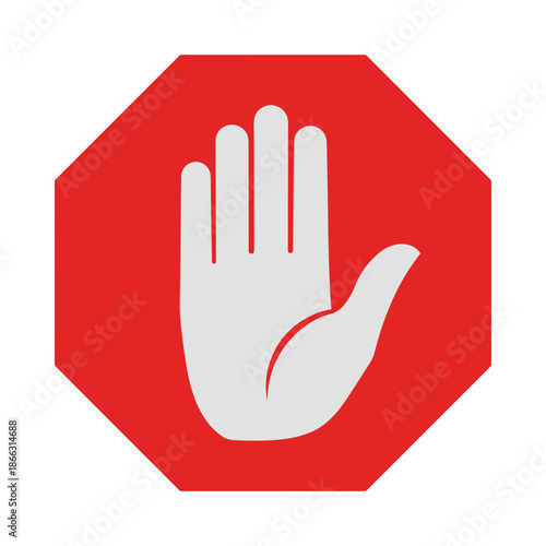 Stop Hand Sign Icon on Red Octagon Vector Illustration