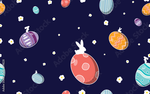 Cute Easter seamless pattern featuring colorful eggs, white bunny silhouettes, and daisies on a dark navy background. Modern flat style vector illustration for festive spring textiles, gift wrap, and 