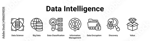 Data Intelligence web banner icon vector illustration concept for technology with icon of Data Science, Big Data, Data Classification, Information Management, Data Encryption.