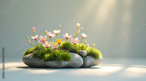 Delicate flowers blooming on mossy rocks