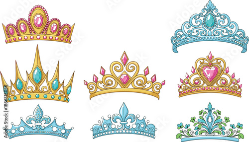 Decorative royal crown and tiara vector set with jeweled ornate designs for princess and queen illustrations isolated