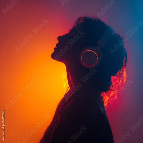 Profile silhouette of a person wearing headphones with eyes closed, enjoying music. Vibrant neon gradient background highlighting relaxation and an immersive sound experience.