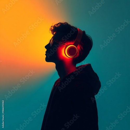 Silhouette of young person wearing glowing headphones, listening to music against a vibrant orange and teal gradient background.