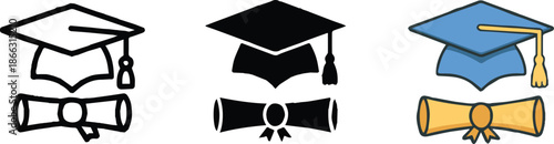 graduation cap and diploma icon set outline silhouette color