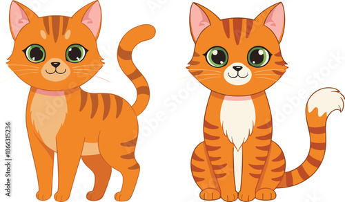 Cute orange tabby cat cartoon vector illustration with standing and sitting poses adorable pet character isolated