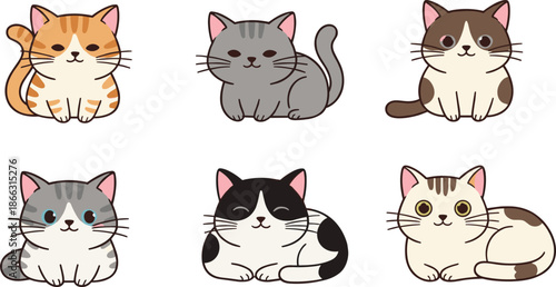 Cute cat cartoon vector set with sitting and lying kittens different colors adorable pet characters isolated