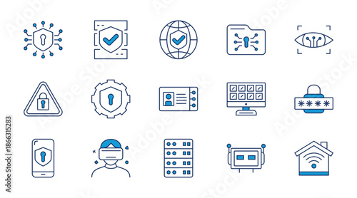 Technology AI thin line icon set. Containing tech shield, data protect, vpn shield, file protection, eye scanning