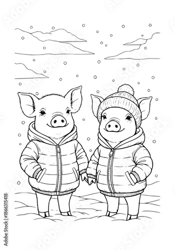 piglets in down jackets. coloring book