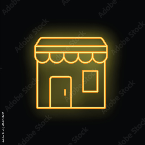 Neon sign is glowing in the dark, showing a shop with an awning, a door and a window