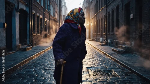 Elderly woman walking slowly down a cobblestone street at sunset, surrounded by misty atmosphere