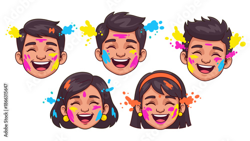 Holi Festival Celebration: Happy Faces of Kids Covered in Colorful Powder Paint, Joyful Traditional Hindu Holiday, Isolated on transparent background