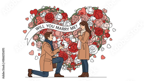 Romantic Marriage Proposal Vector Illustration: Man on Knee Asking Woman to Marry Him Amidst Heart Shaped Roses - Engagement Scene isolated on transparent background.