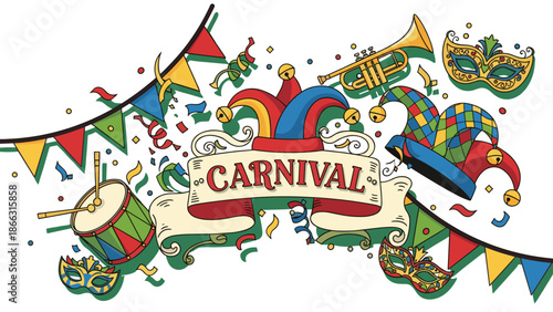 Vibrant Carnival Party Vector Illustration: Festive Masks, Confetti, Flags & Instruments for Holiday Celebrations, Isolated on transparent background.