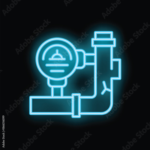 Glowing blue neon icon of a water meter showing a plumbing leak repair issue