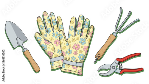 Gardening Tools Set: Gloves, Trowel, Fork, Pruning Shears. Spring Garden Preparation Equipment Isolated on Transparent Background. Vector Clip Art for Hobby Projects, Planting Design.
