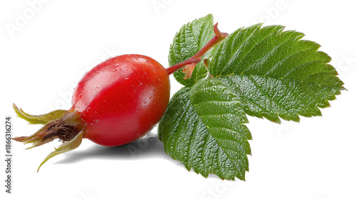 Rose hip with leaf on white