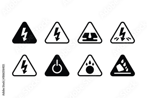 Set of Eight Black Triangular Electrical Hazard and Danger Warning Signs Icons