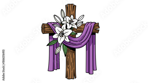 Easter Cross Illustration with Lilies and Purple Drape, Religious Symbolism, Isolated on transparent background. Vector Clip Art for Church Presentations