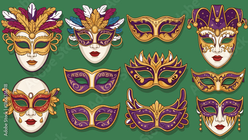 Colorful Carnival Masks Vector Set: Traditional Mardi Gras Venetian Design Elements, Festive Masquerade, Party Decorations Isolated on Transparent Background