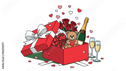 Romantic Valentine's Day Gift Box with Teddy Bear, Roses, and Champagne Vector Illustration isolated on transparent background. Perfect for love, celebrations, and gifting