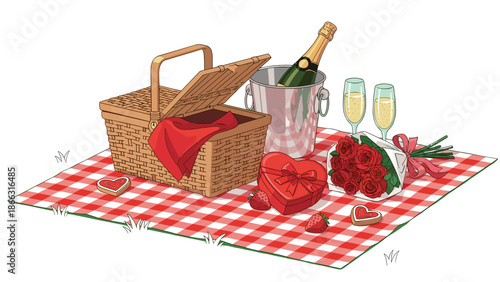 Romantic Picnic Illustration: Champagne, Roses, and Heart Shaped Cookie, Vector Graphic for Valentine's Day, Anniversary, or Date Night, isolated on transparent background