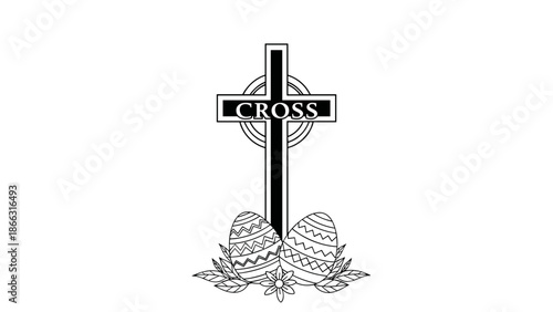 Easter Christian Cross with Eggs Decoration, Religion Symbol of Resurrection, Spring Holiday Graphic Element, Isolated on transparent background