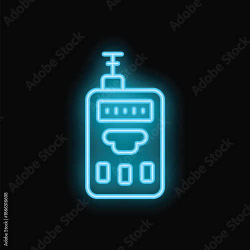 Blue neon walkie talkie icon glowing on a black background