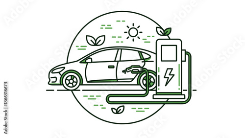Green Energy Electric Car Charging Vector Illustration. Eco Friendly Vehicle, Sustainable Transport Isolated on Transparent Background. Modern Clean Energy Future