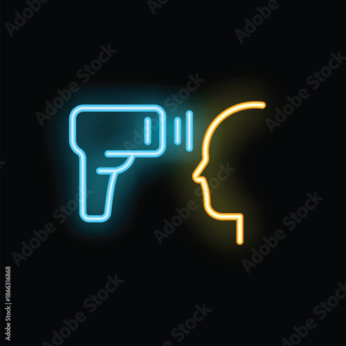 Neon icon of a doctor measuring the temperature of a patient, using an infrared thermometer, during a medical check