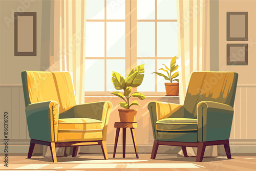 Cartoon apartment room with two green armchairs opposite each other, interior decoration, flower on table, paintings on walls, cozy home, home furniture, paintings, vector illustration