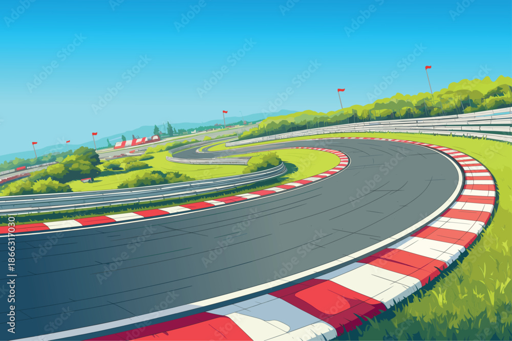 Obraz premium Cartoon empty racing track on a clear sunny day, flags and mountains on the background, sports competition, asphalt road, racing, sport, vector illustration