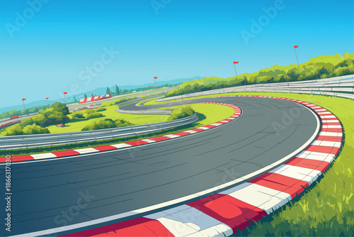 Cartoon empty racing track on a clear sunny day, flags and mountains on the background, sports competition, asphalt road, racing, sport, vector illustration