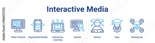 Interactive Media web banner icon vector illustration concept for education with icon of Video Tutorial, Augmented Reality, Interactive Learning, Search, Genius, Idea.