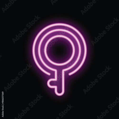 Bright pink neon female symbol glowing in the dark on a black background