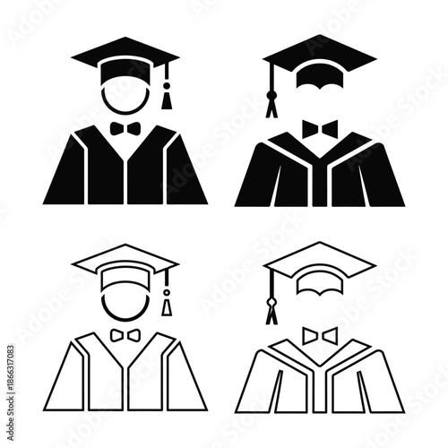 Graduation Student Icon Set Academic Cap and Gown Vector Illustrations